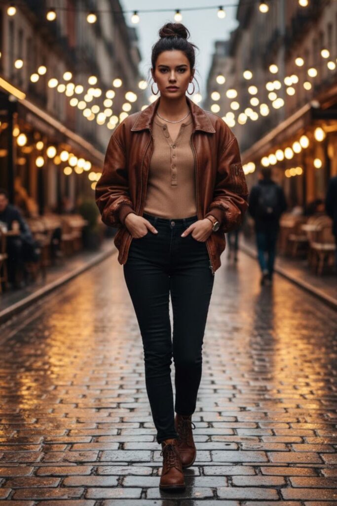 7. Leather Jacket with Henley Shirt and Black Jeans