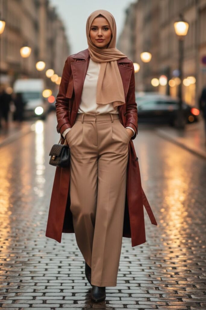 7. Leather Jacket with High-Waist Palazzo Pants