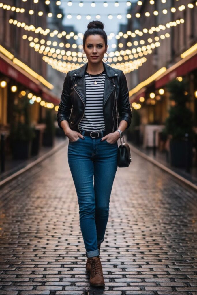 7. Leather Jacket with Striped Shirt and Slim Jeans