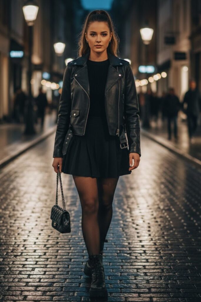 7. Leather Jacket with a Mini Skirt