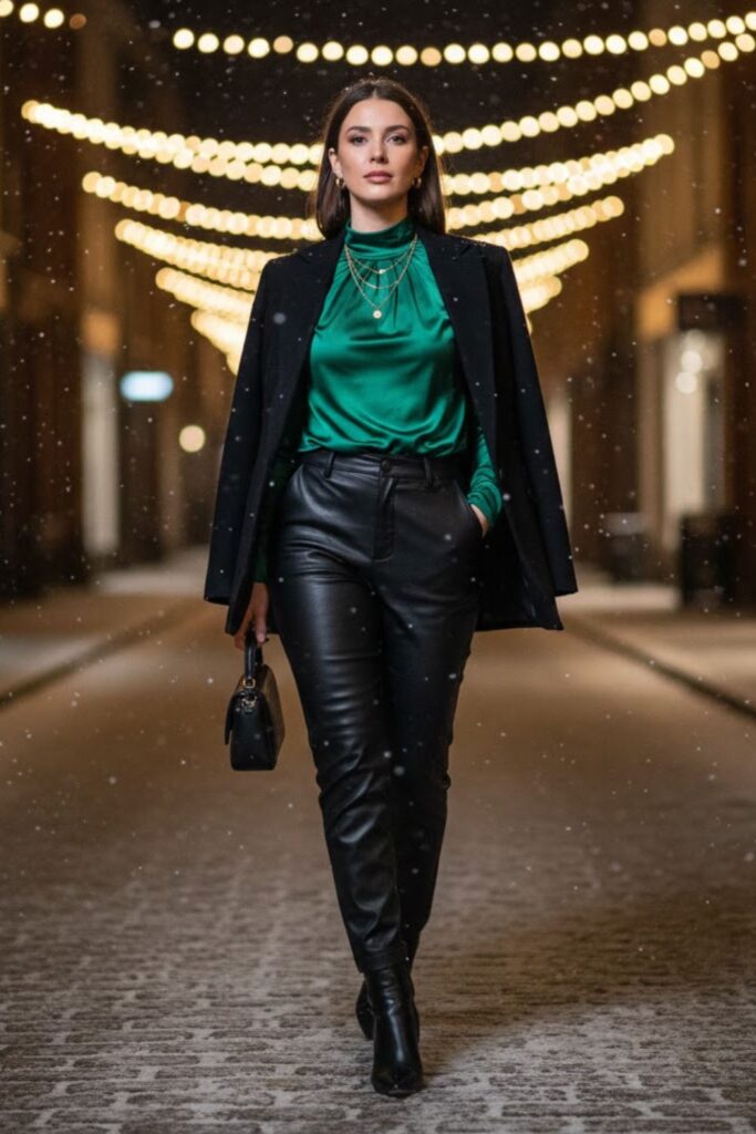 7. Leather Pants Outfit Going Out Winter with Silk or Satin Top