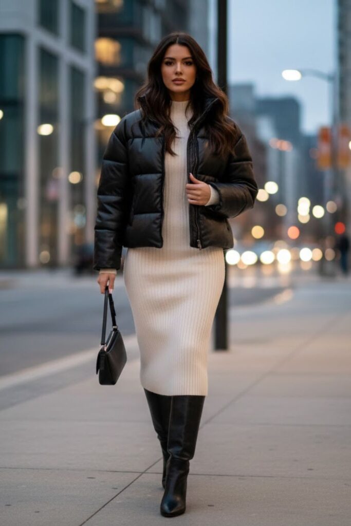7. Leather Puffer Jacket Outfit with Knit Dress