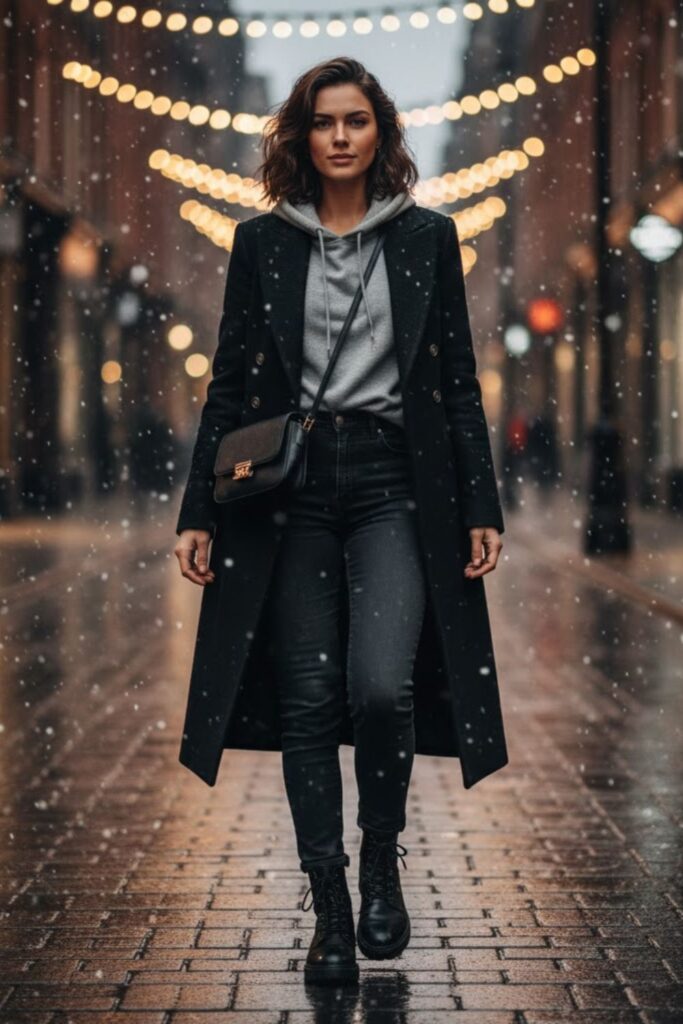 7. Long Coat with Hoodie and Jeans