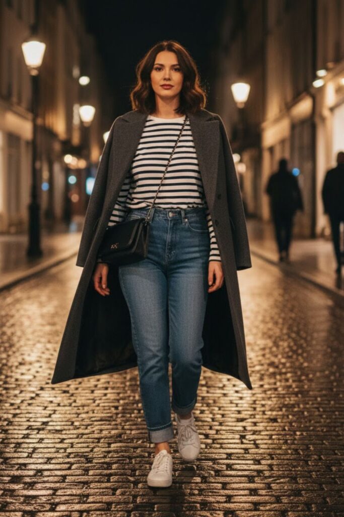 7. Long coat outfit casual with striped top and jeans