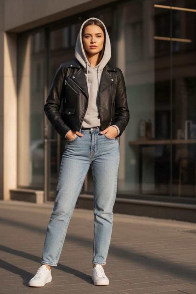 7. Short Leather Jacket with a Hoodie