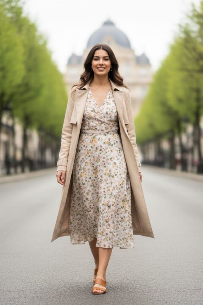 7. Spring Trench Coat with Floral Dress
