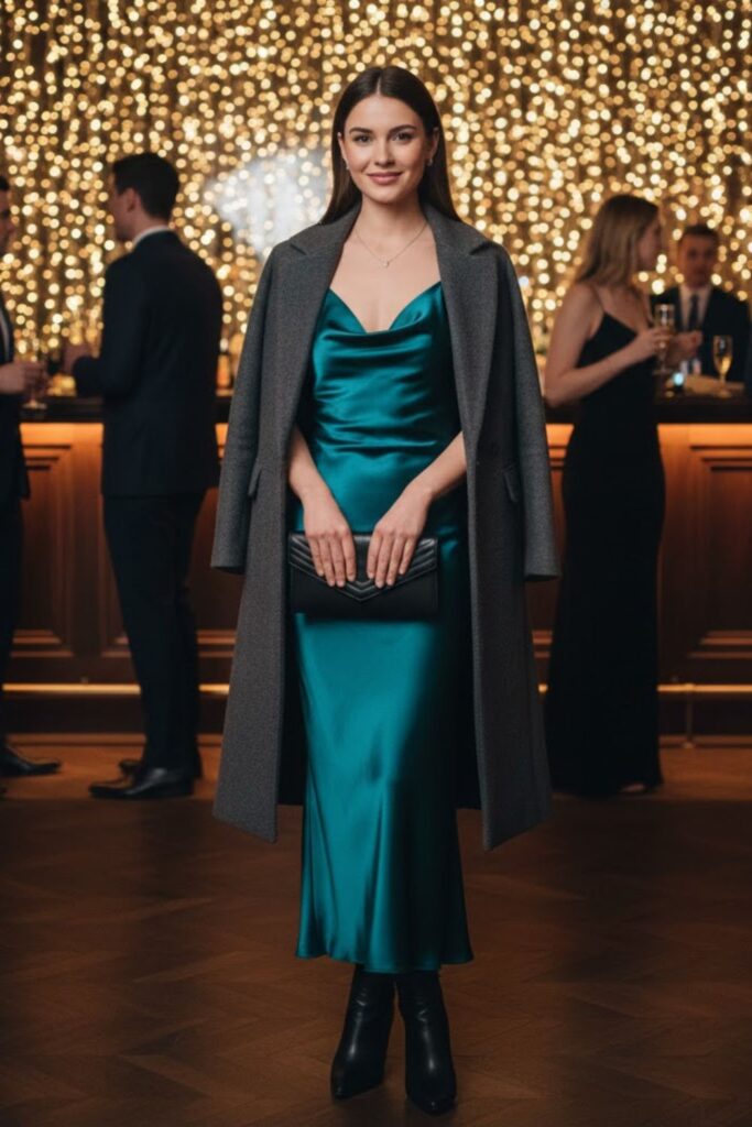 7. Tailored Coat Over Slip Dress With Tights