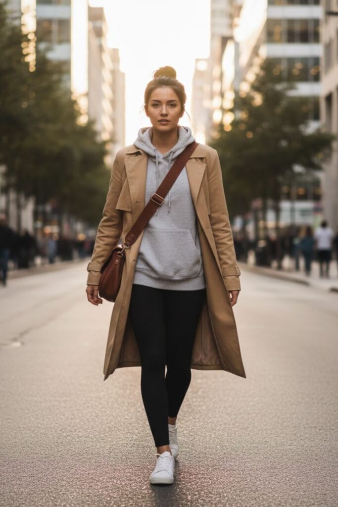 7. Tan Trench Coat with Hoodie and Leggings