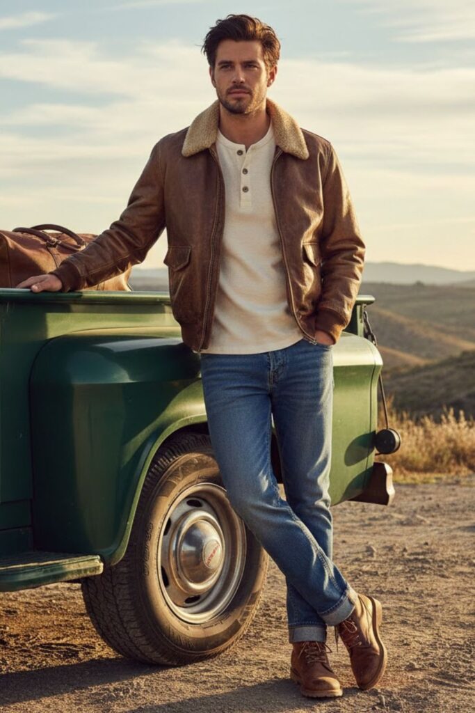 7. Vintage Leather Jacket with Henley Shirt and Work Boots