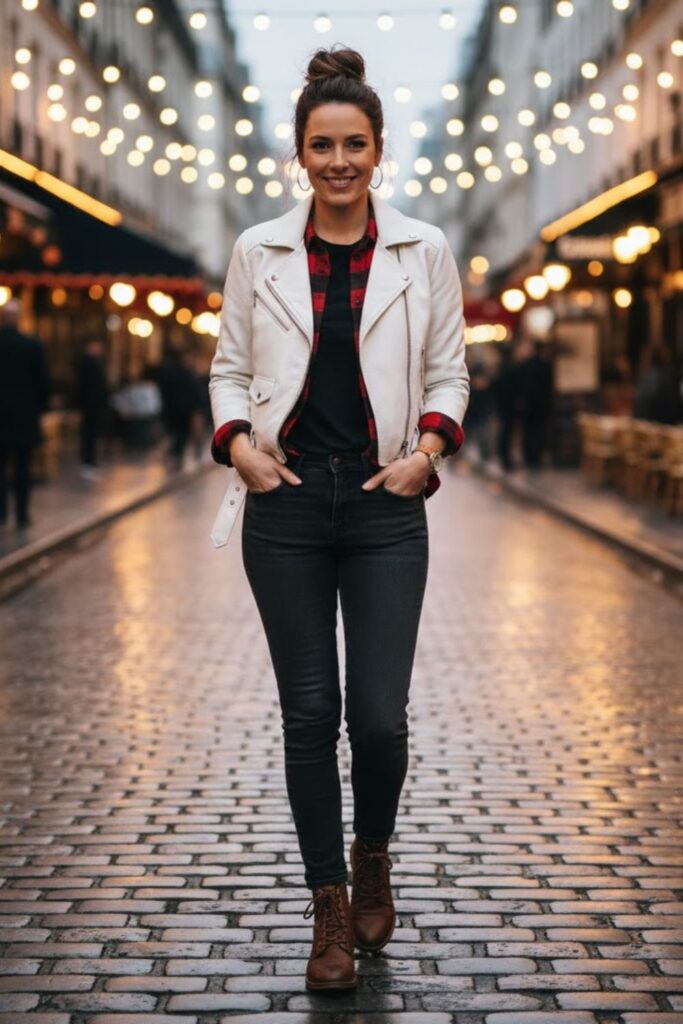 7. White Leather Jacket with Plaid Shirt and Dark Jeans