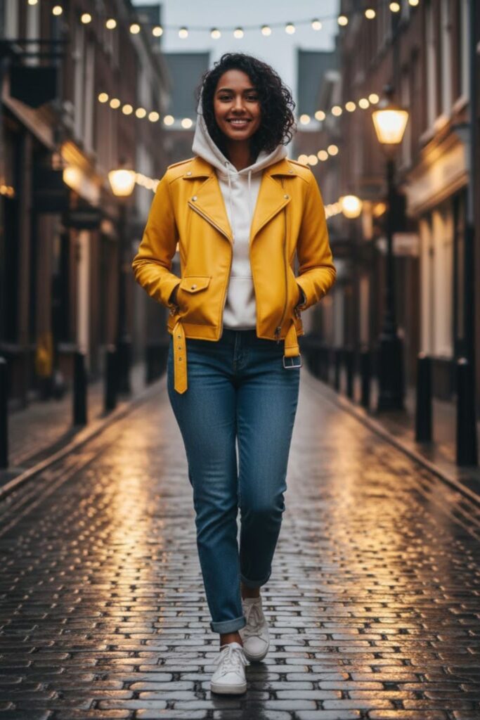 7. Yellow Leather Jacket with White Hoodie and Blue Jeans