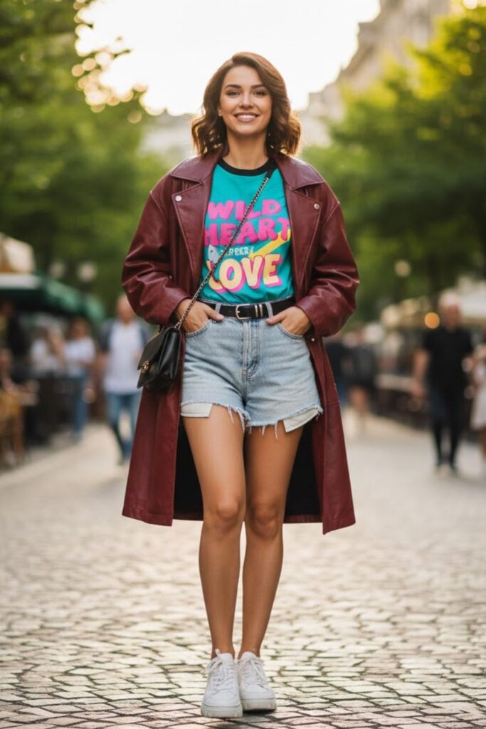 7. Zara Leather Jacket with a Graphic Tee and Denim Shorts