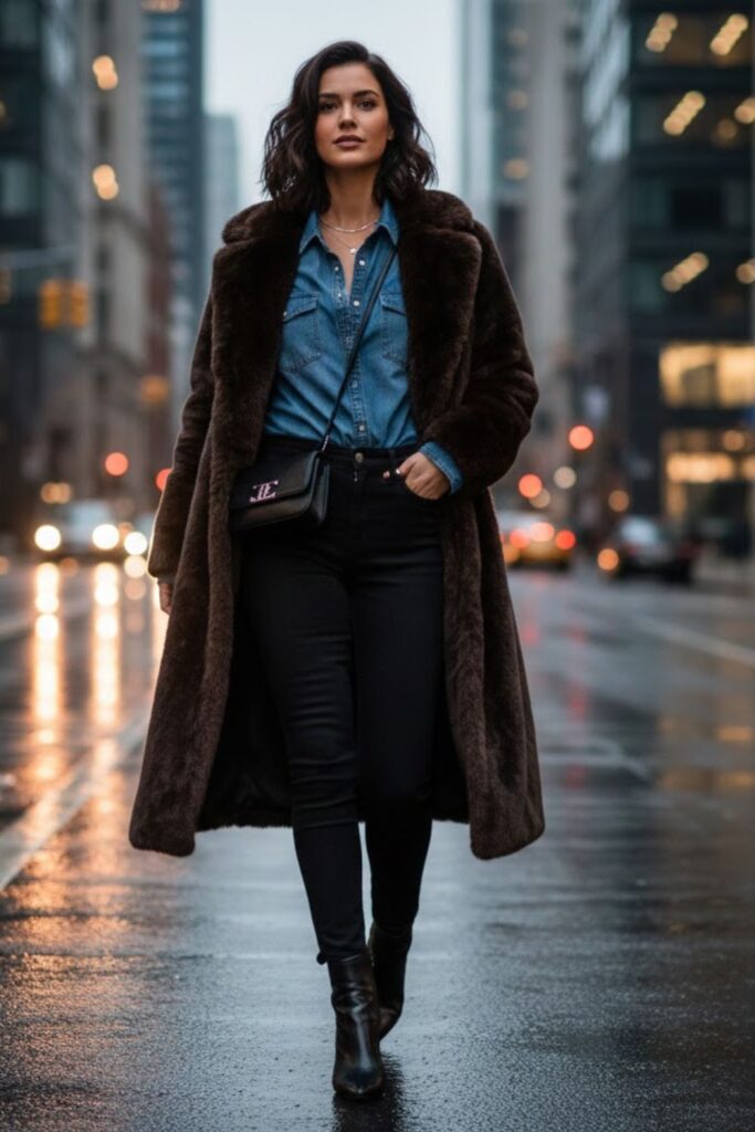 7. long fur coat outfit with denim shirt and black jeans