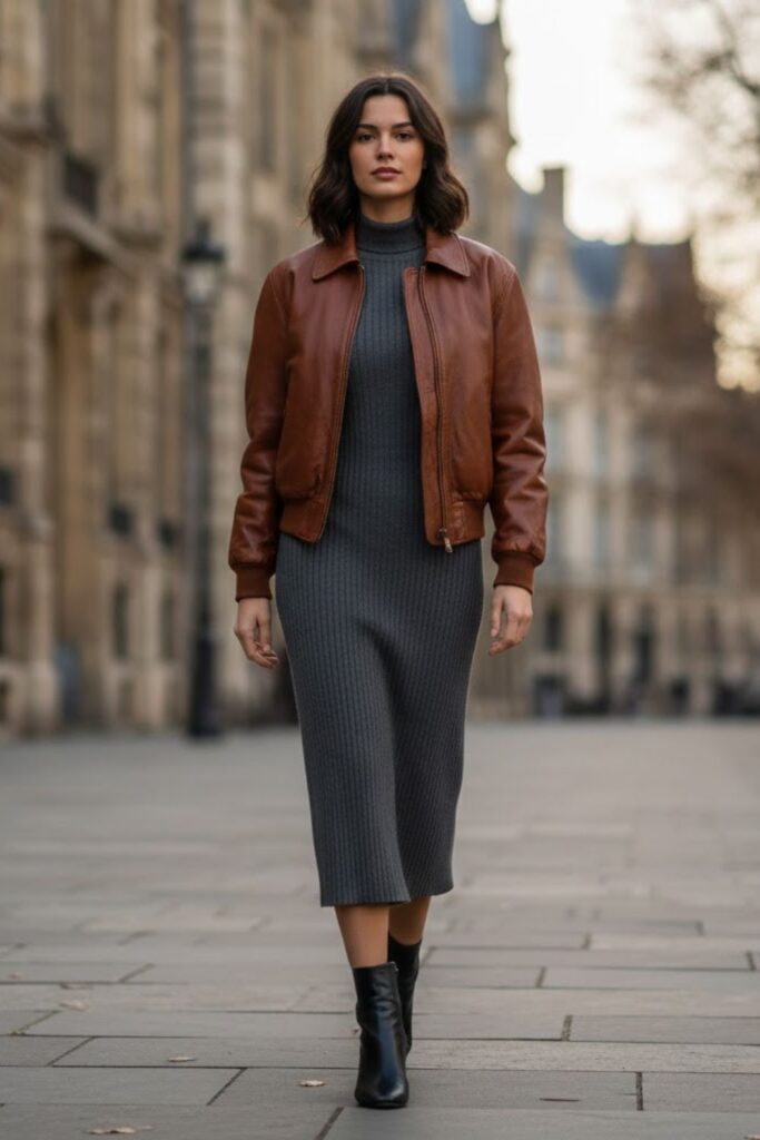 8. 90s Leather Jacket Outfit with a Midi Dress