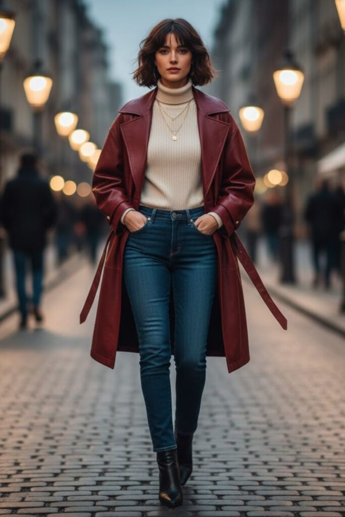 8. Baggy Leather Jacket with Turtleneck and Slim Jeans