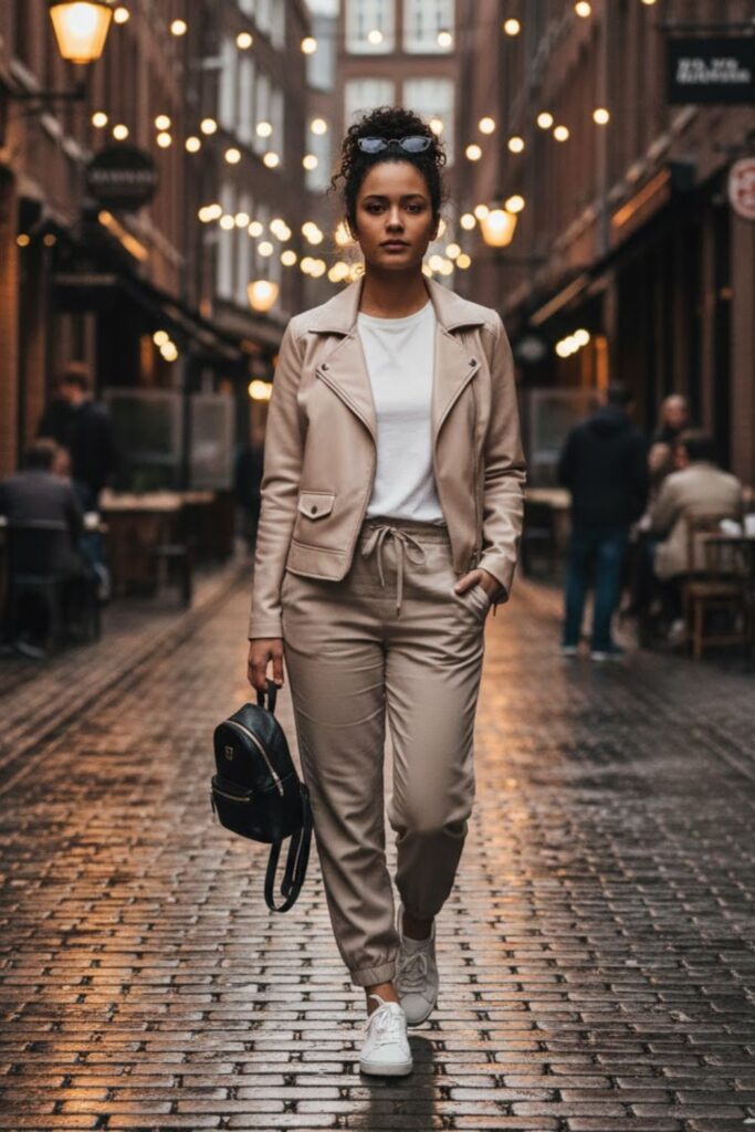 8. Beige Leather Jacket with Joggers