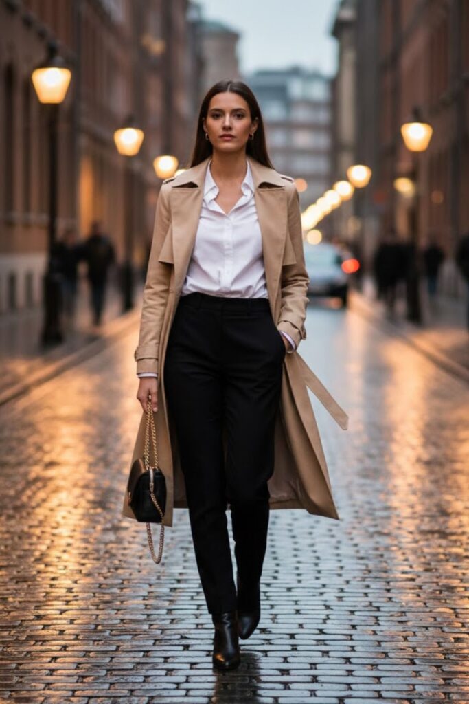 8. Beige Trench Coat With White Shirt and Black Trouser Combo