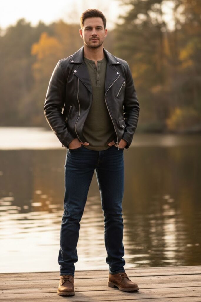 8. Black Leather Jacket Outfit Men with Henley Shirt