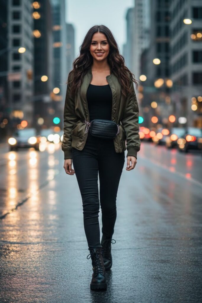 8. Black Leggings with Lace-Up Boots and Bomber Jacket