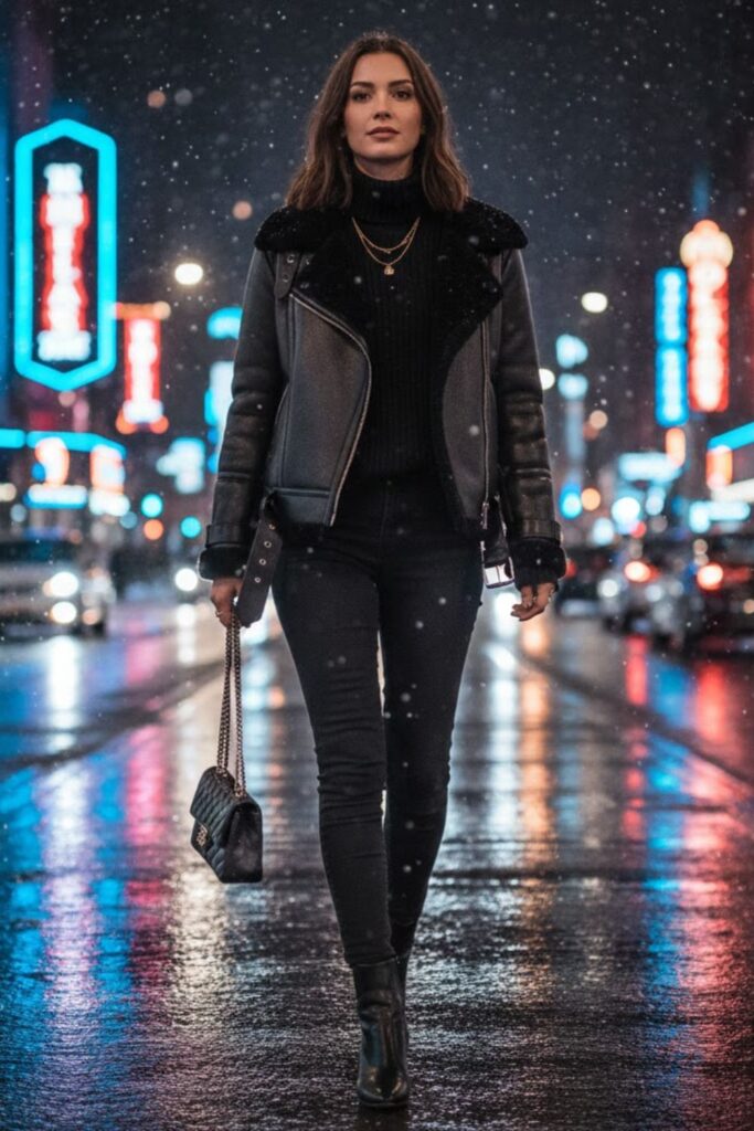 8. Black Shearling Jacket with Black Skinny Jeans