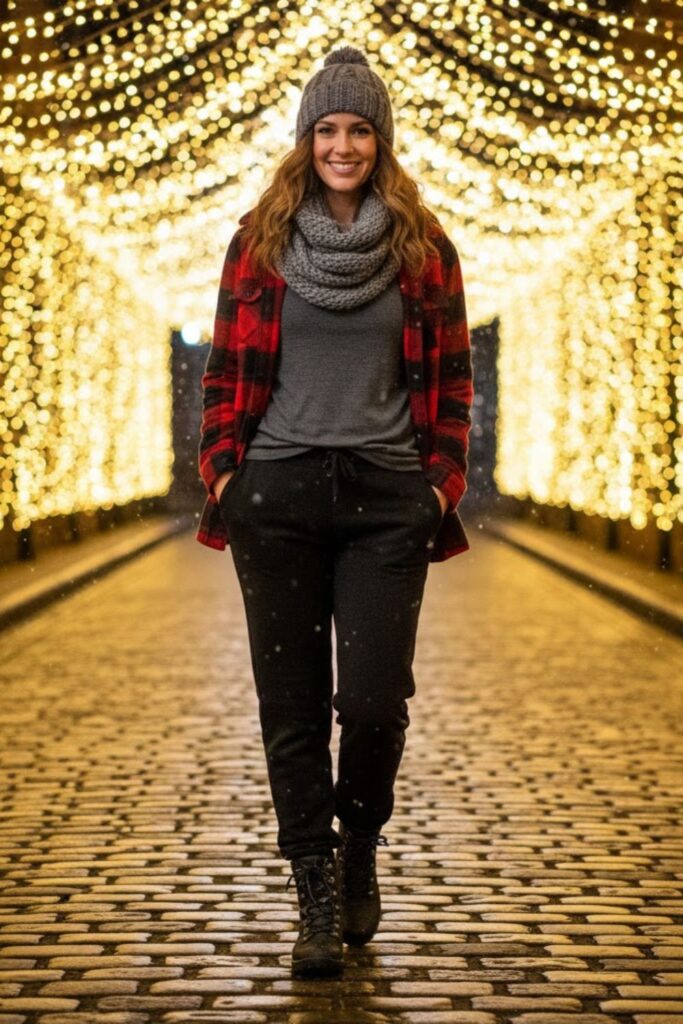 8. Black Sweatpants with Flannel Shirt and Thermal Tee