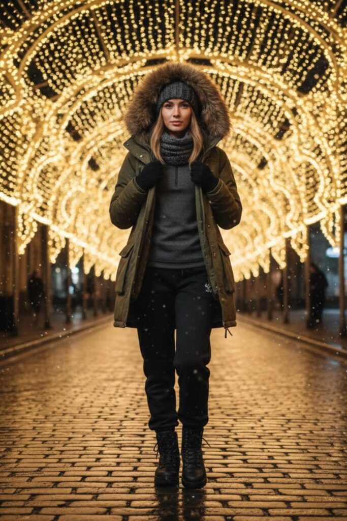 8. Black Sweatpants with Thermal Shirt and Parka