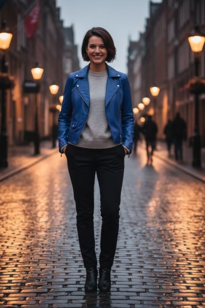 8. Blue Leather Jacket Outfit with Grey Crew-Neck Sweater