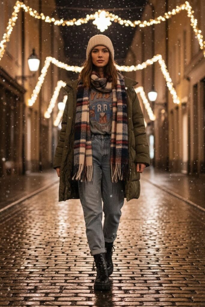 8. Boyfriend Jeans with Graphic Tee and Puffer Coat