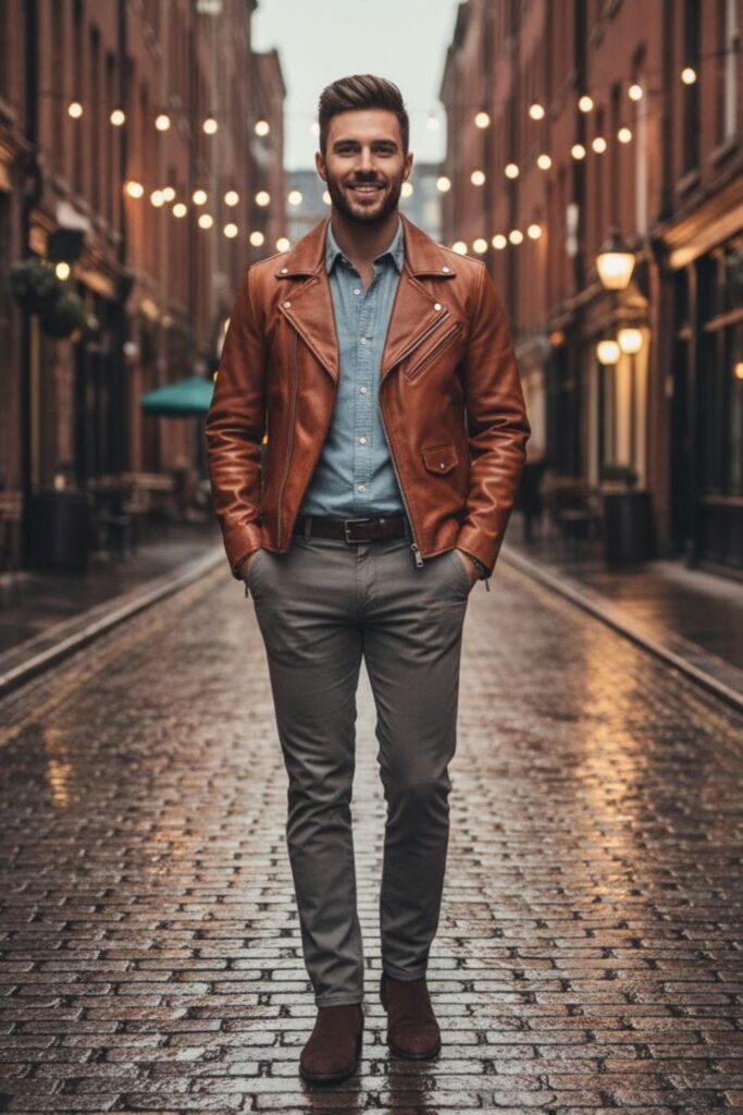8. Brown Leather Jacket with a Button-Down Shirt