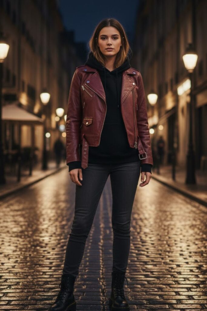 8. Burgundy Leather Jacket Outfit with Black Hoodie and Jeans
