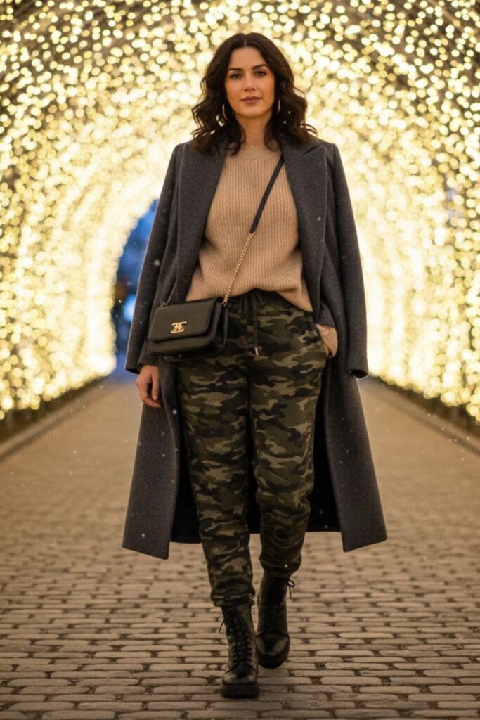 8. Camo Sweatpants with Long Neutral Coat