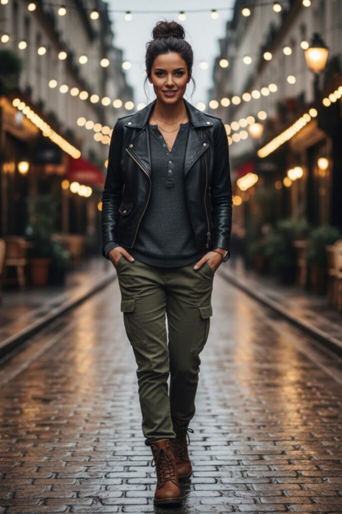 8. Casual Leather Jacket with Cargo Pants and Henley Shirt