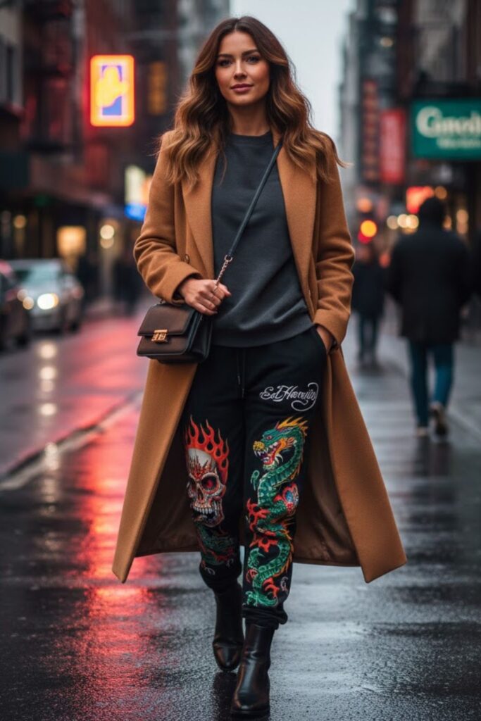 8. Ed Hardy Sweatpants with Long Neutral Coat