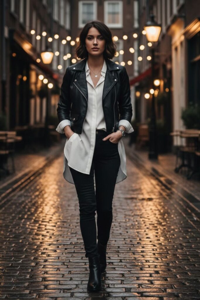 8. Faux Leather Jacket with Longline Shirt and Fitted Jeans