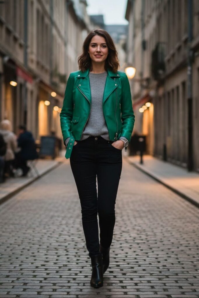 8. Green Leather Jacket with Sweater and Slim Black Pants
