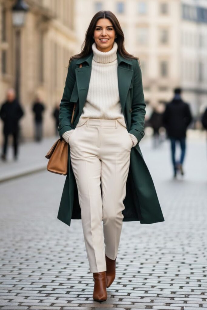 8. Green Trench Coat With White Sweater and Wool Pants