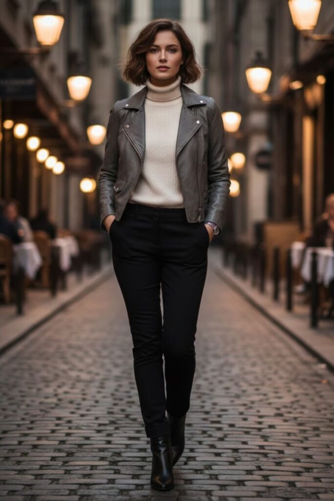 8. Grey Leather Jacket with Sweater and Slim Black Pants