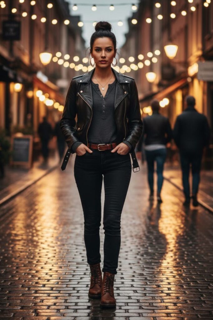 8. Leather Jacket with Black Jeans and Henley Shirt