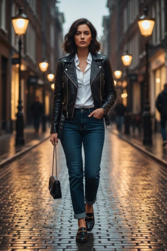 8. Leather Jacket with Button-Up Shirt