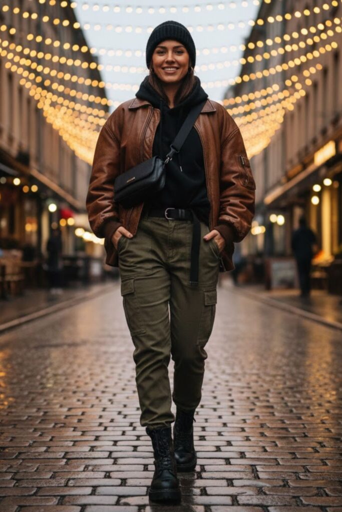 8. Leather Jacket with Hoodie and Cargo Pants