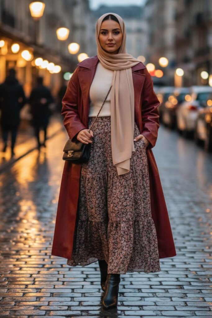 8. Leather Jacket with a Tiered Maxi Skirt