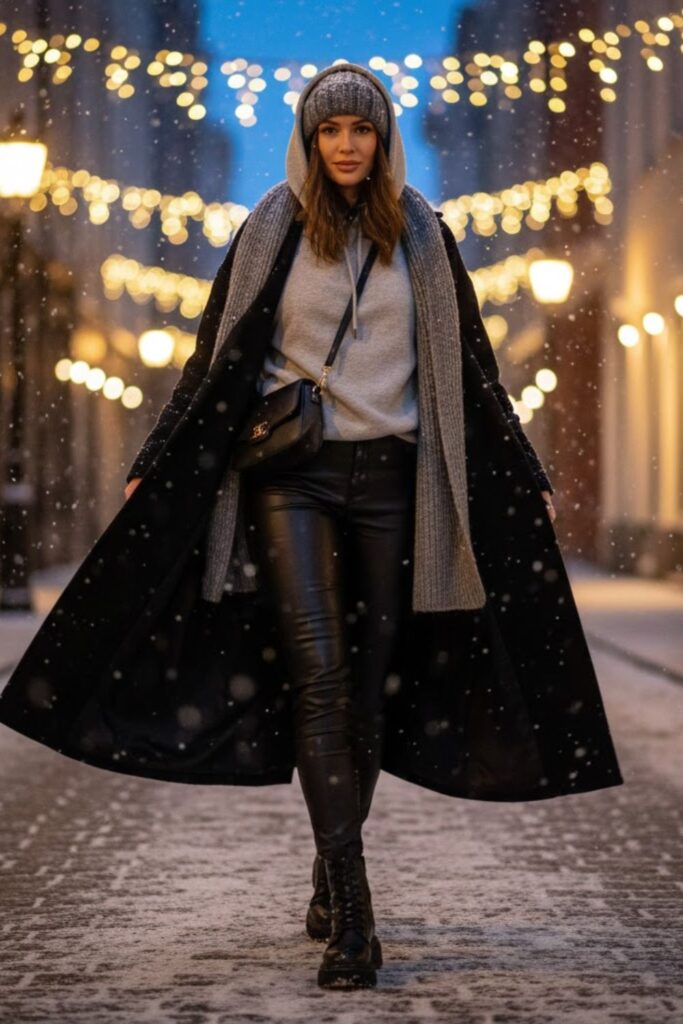 8. Leather Pants Outfit Going Out Winter with Hoodie and Coat