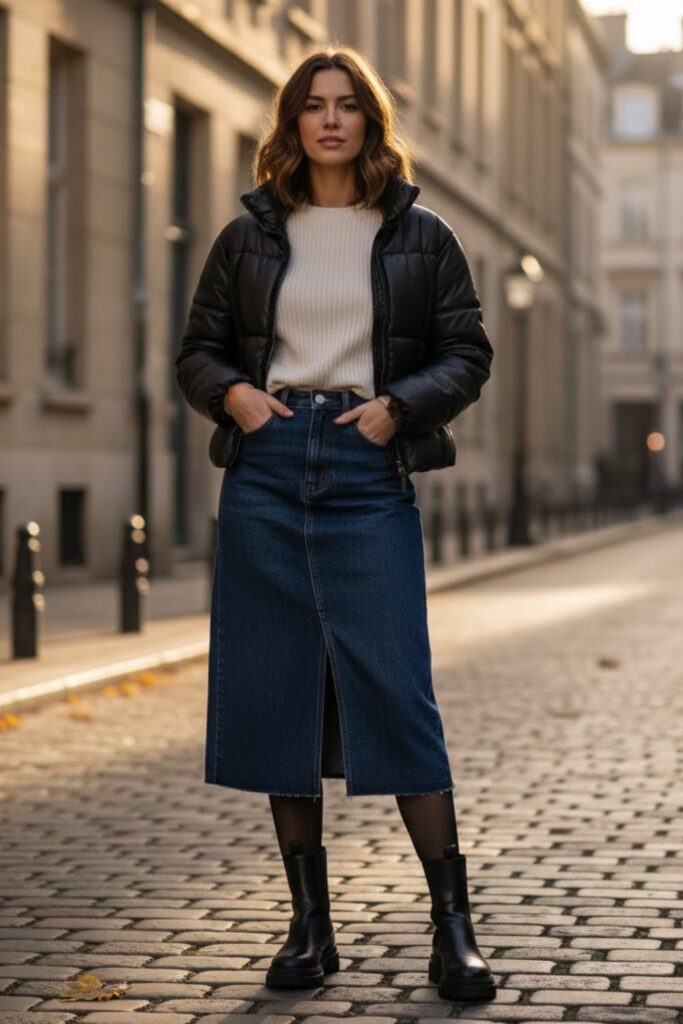 8. Leather Puffer Jacket Outfit with Denim Midi Skirt