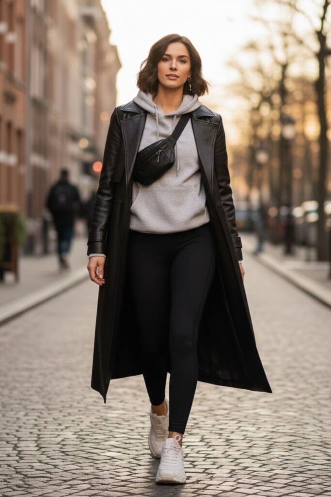 8. Long Leather Jacket and Chunky Sneakers