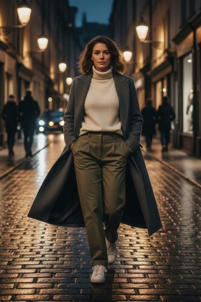 8. Long coat outfit casual with turtleneck and relaxed trousers