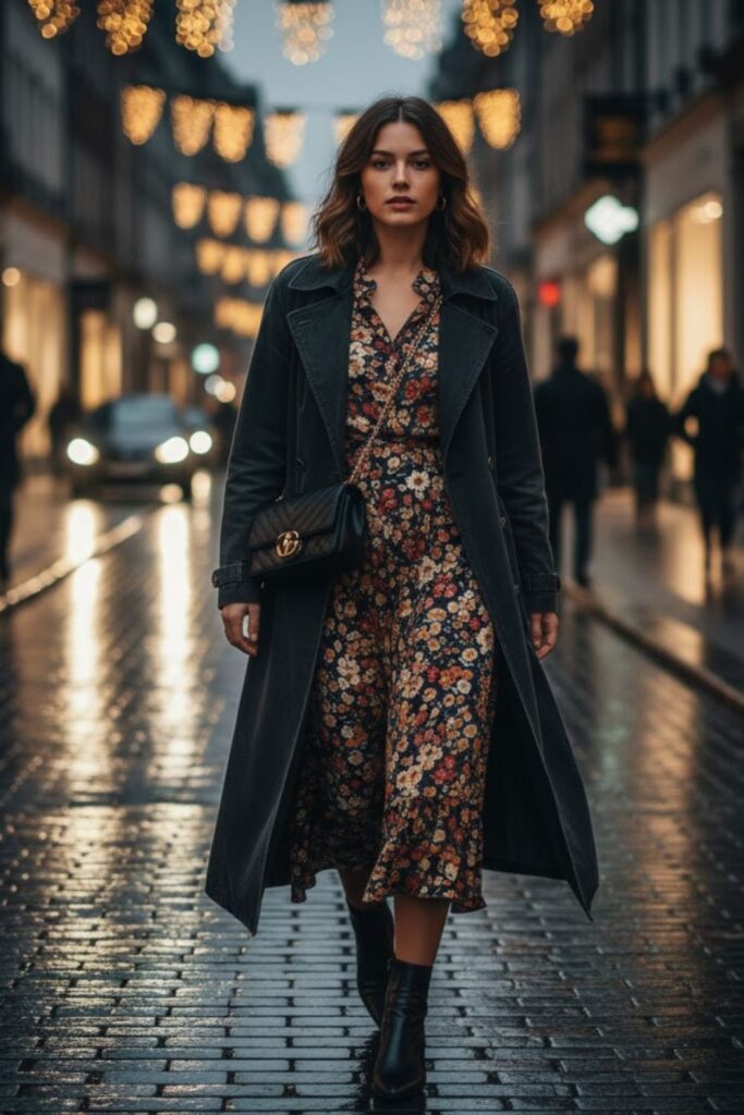 8. Long denim coat outfit with floral dress and boots