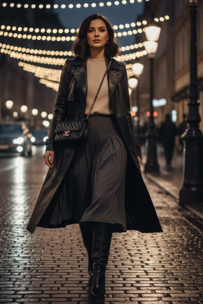 8. Long leather coat outfit with midi skirt and knit top