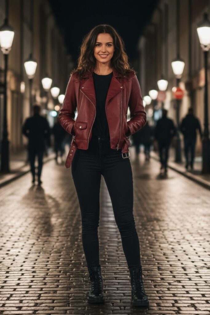 8. Maroon Leather Jacket with All-Black Outfit
