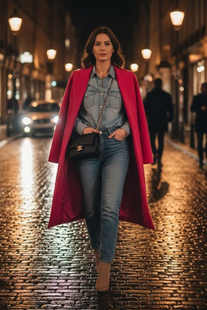 8. Pink long coat outfit with denim-on-denim layers
