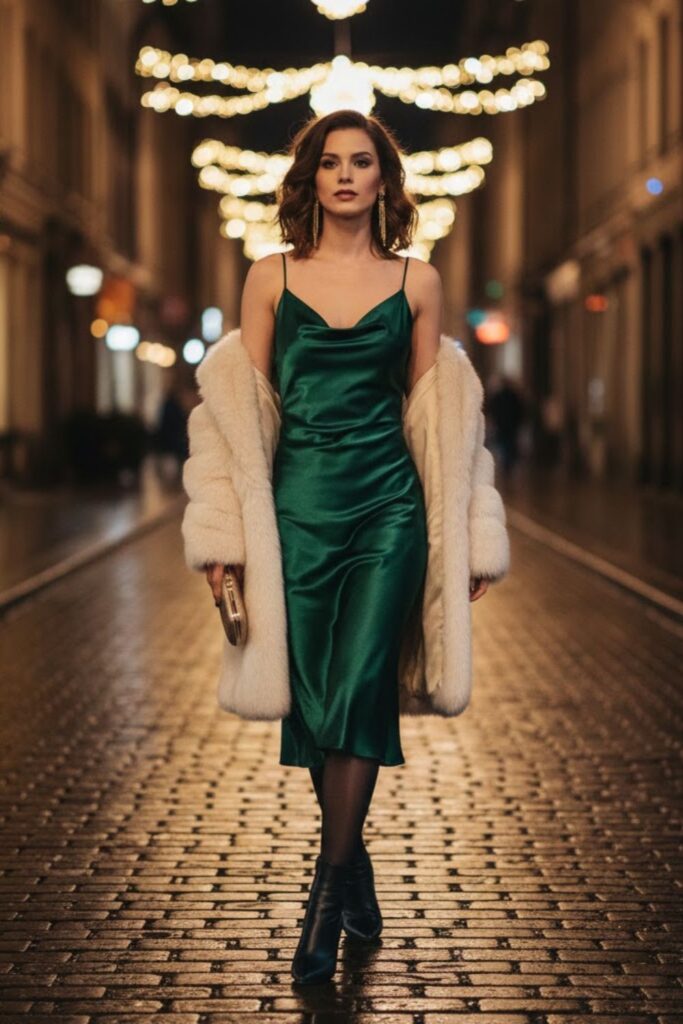 8. Satin Slip Dress With Faux Fur Jacket
